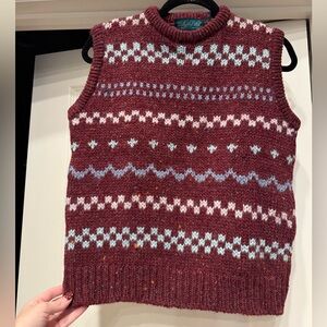 Scandi Style Crewneck Sweater Vest - Burgundy Fair Isle checkered